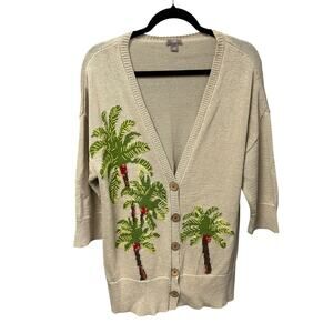 J. Jill Tan Green Palm Tree Embroidered Button Up Cardigan Sweater Womens Large